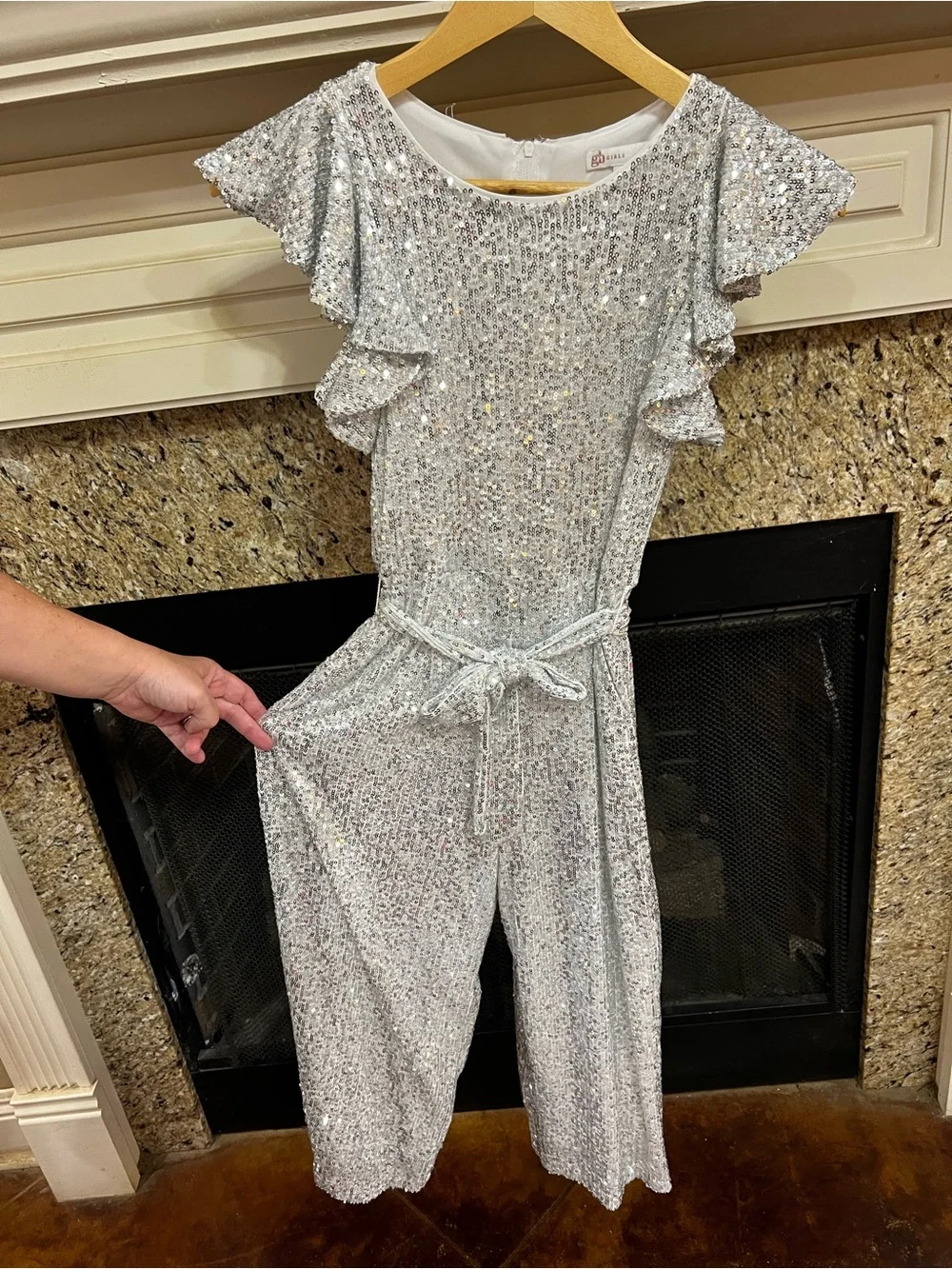 GB girls Silver Sequin Jumpsuit with Ruffle Sleeves